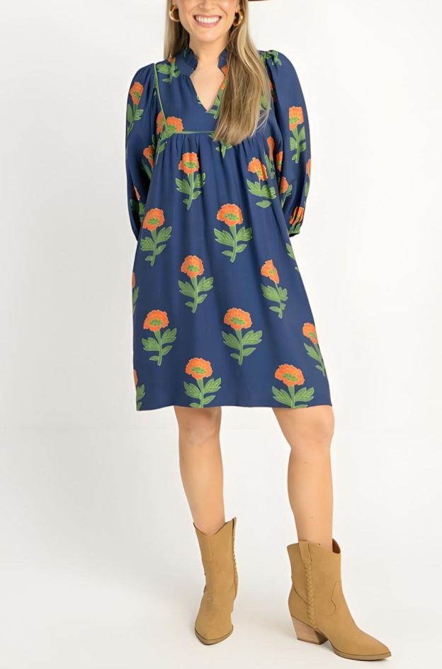 Block Print Floral Dress, Navy