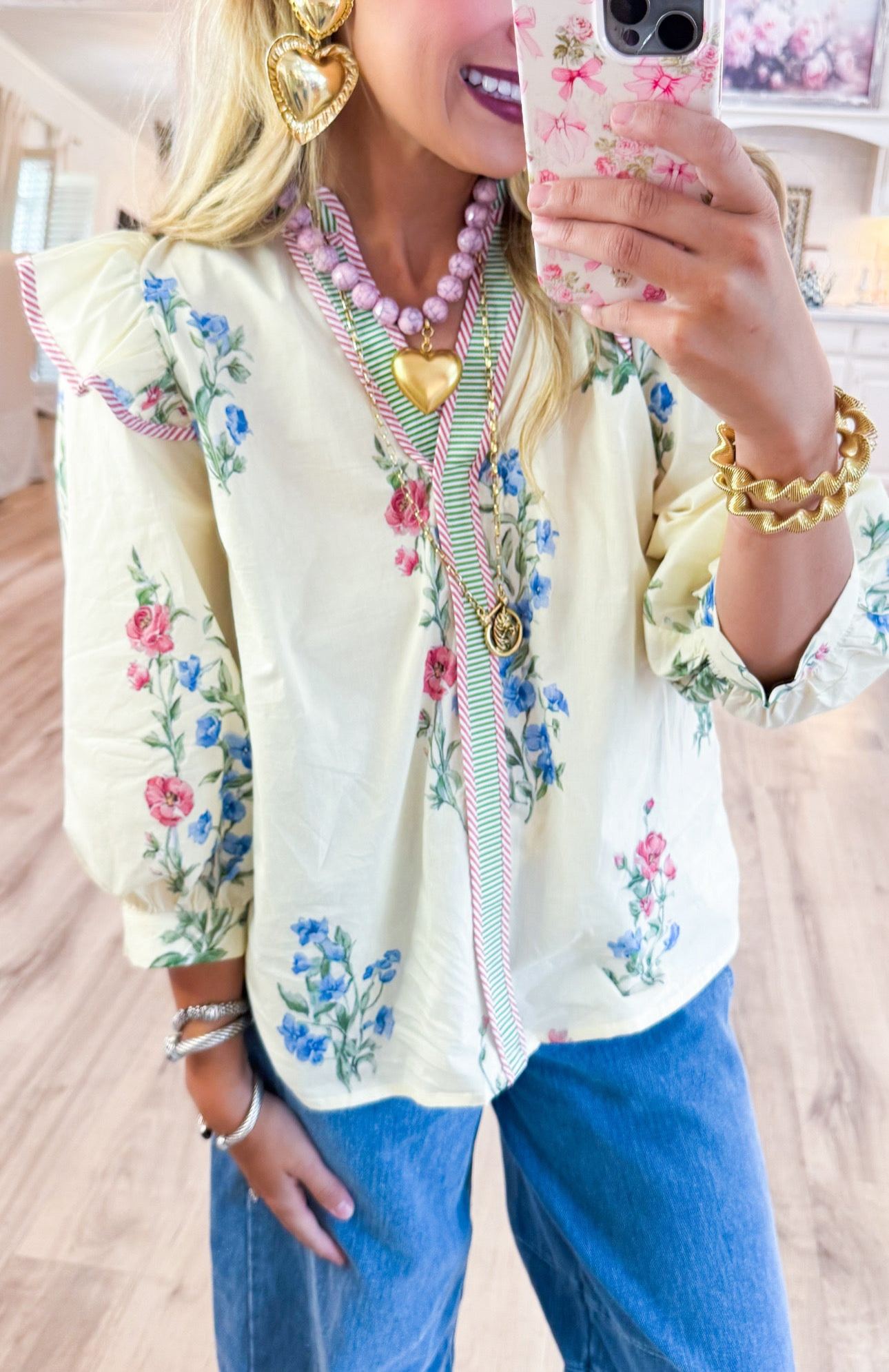 Cream Floral and Stripe Print Top