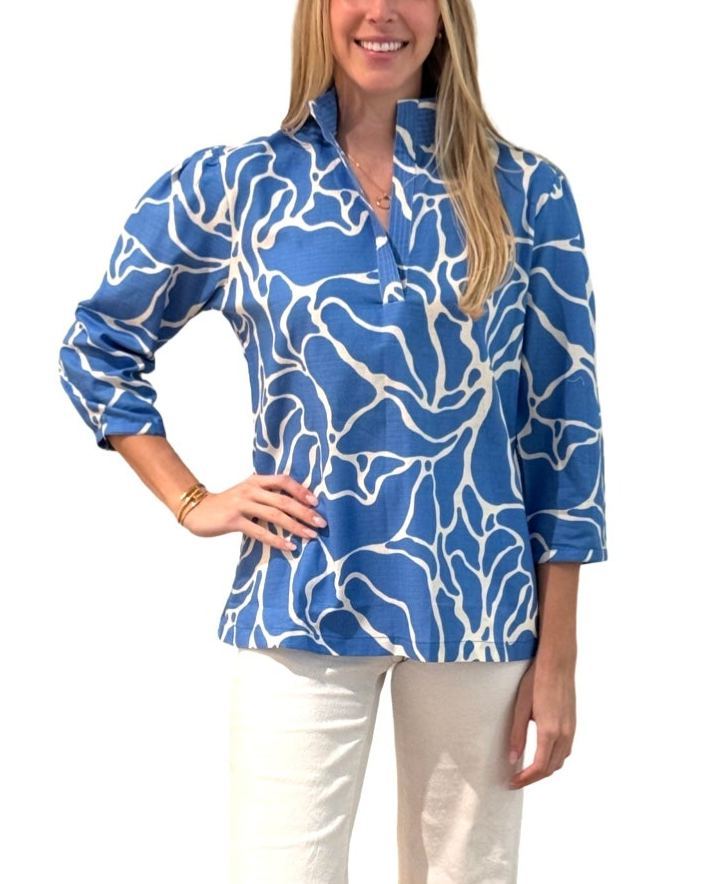 The Shipley Stand-Up Collar Top in Blue White Abstract