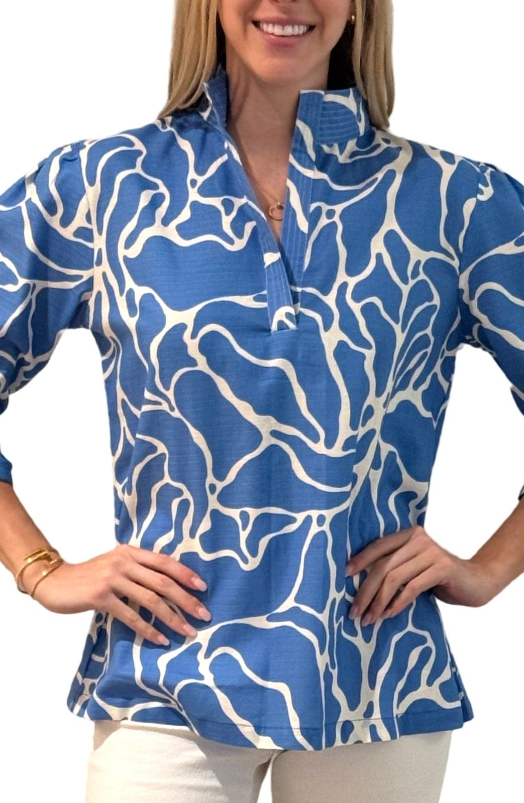 The Shipley Stand-Up Collar Top in Blue White Abstract
