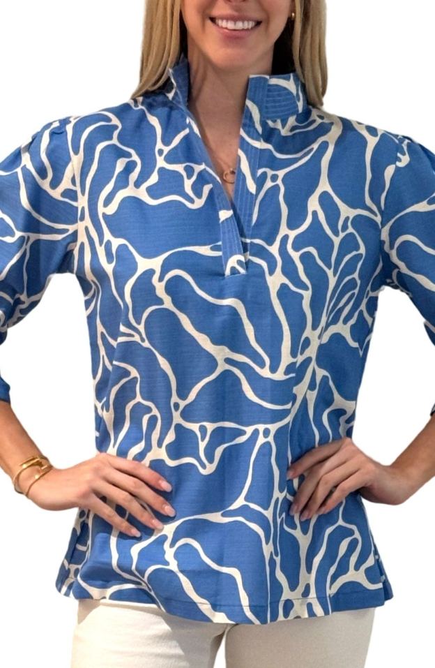 The Shipley Stand-Up Collar Top in Blue White Abstract