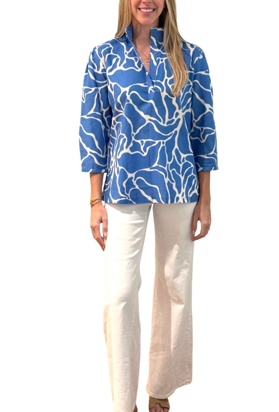 The Shipley Stand-Up Collar Top in Blue White Abstract
