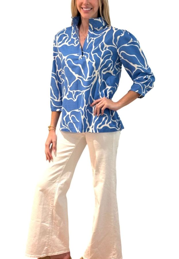The Shipley Stand-Up Collar Top in Blue White Abstract