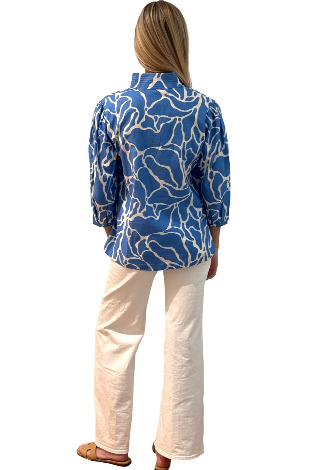 The Shipley Stand-Up Collar Top in Blue White Abstract