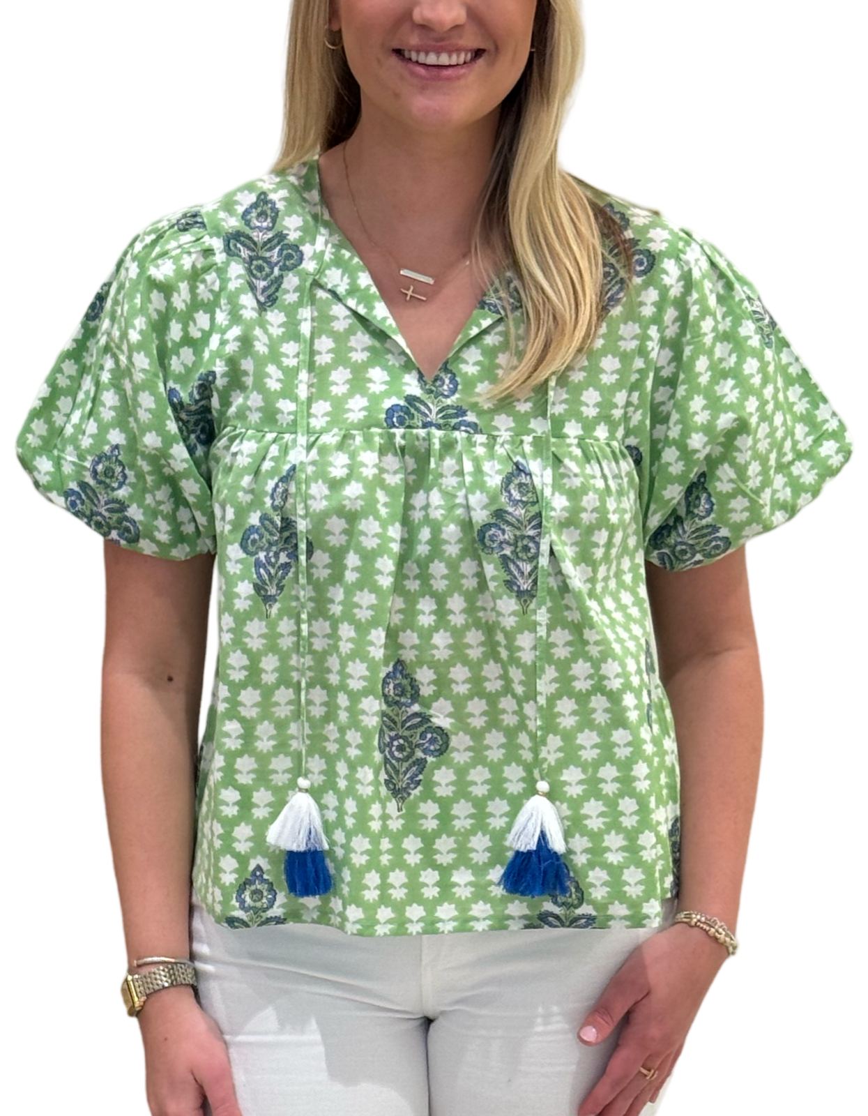 The Poppy Puff Sleeve Top in Lime Floral Hand-Block