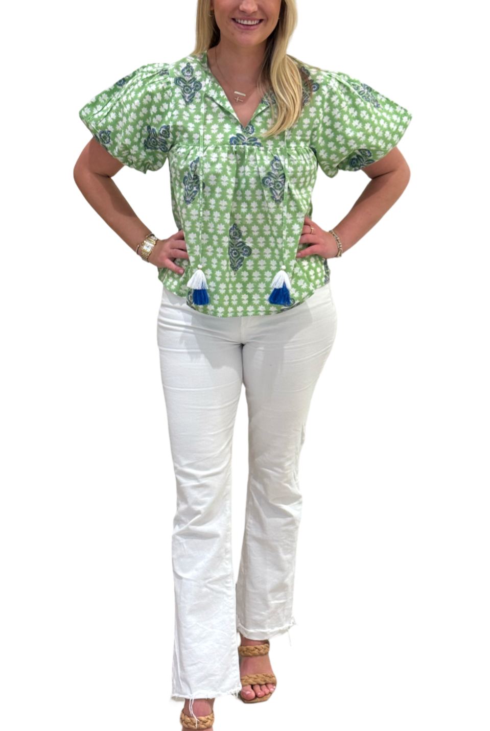 The Poppy Puff Sleeve Top in Lime Floral Hand-Block