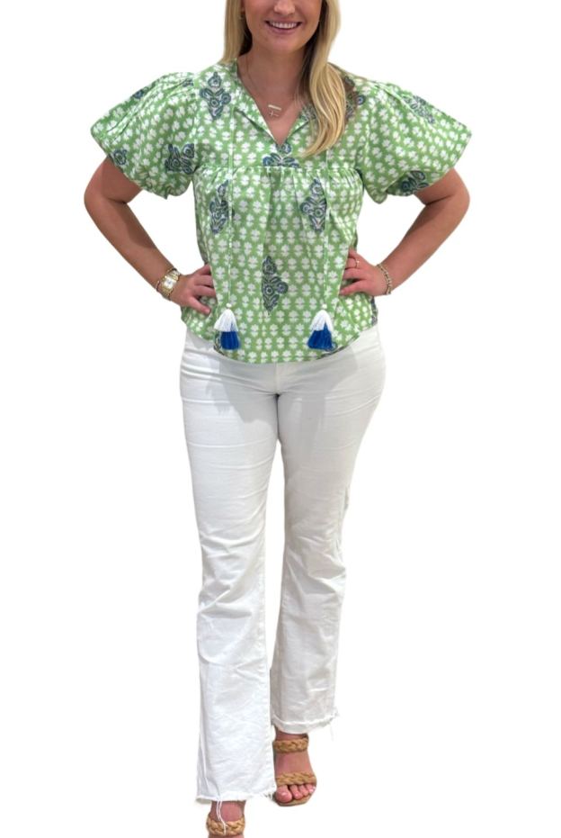 The Poppy Puff Sleeve Top in Lime Floral Hand-Block