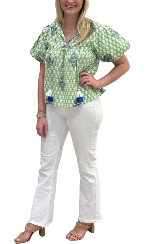 The Poppy Puff Sleeve Top in Lime Floral Hand-Block