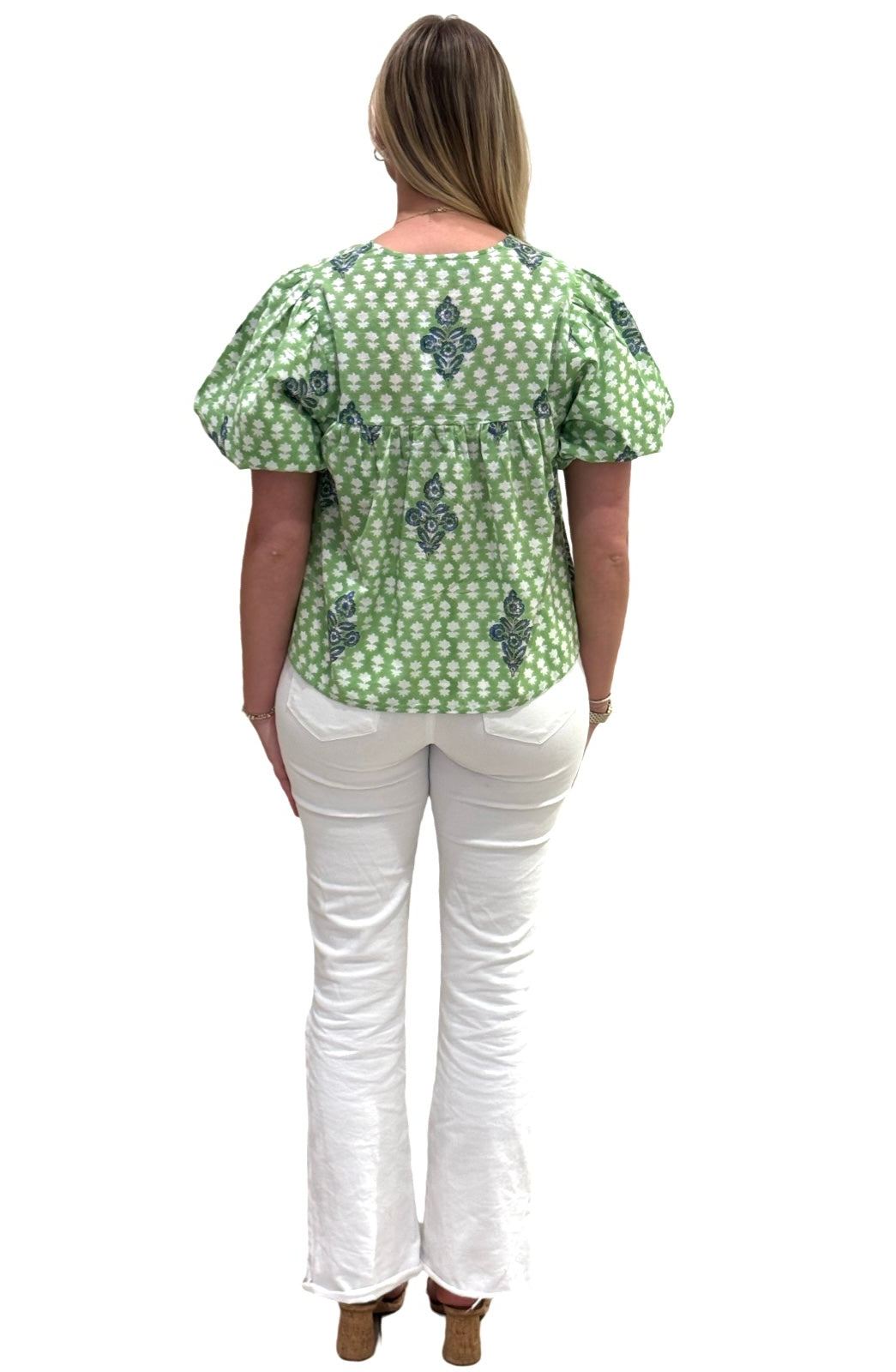 The Poppy Puff Sleeve Top in Lime Floral Hand-Block