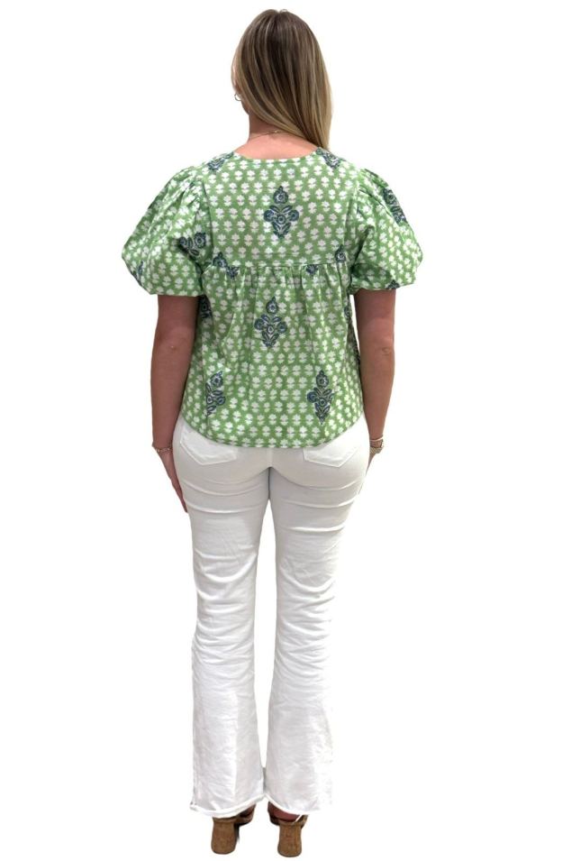 The Poppy Puff Sleeve Top in Lime Floral Hand-Block