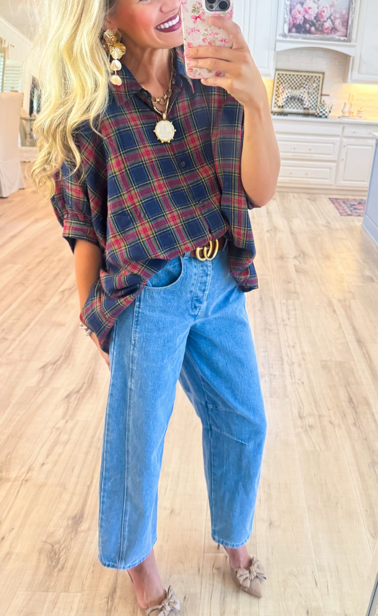 Navy Multi Oversized Button-Down Plaid Shirt