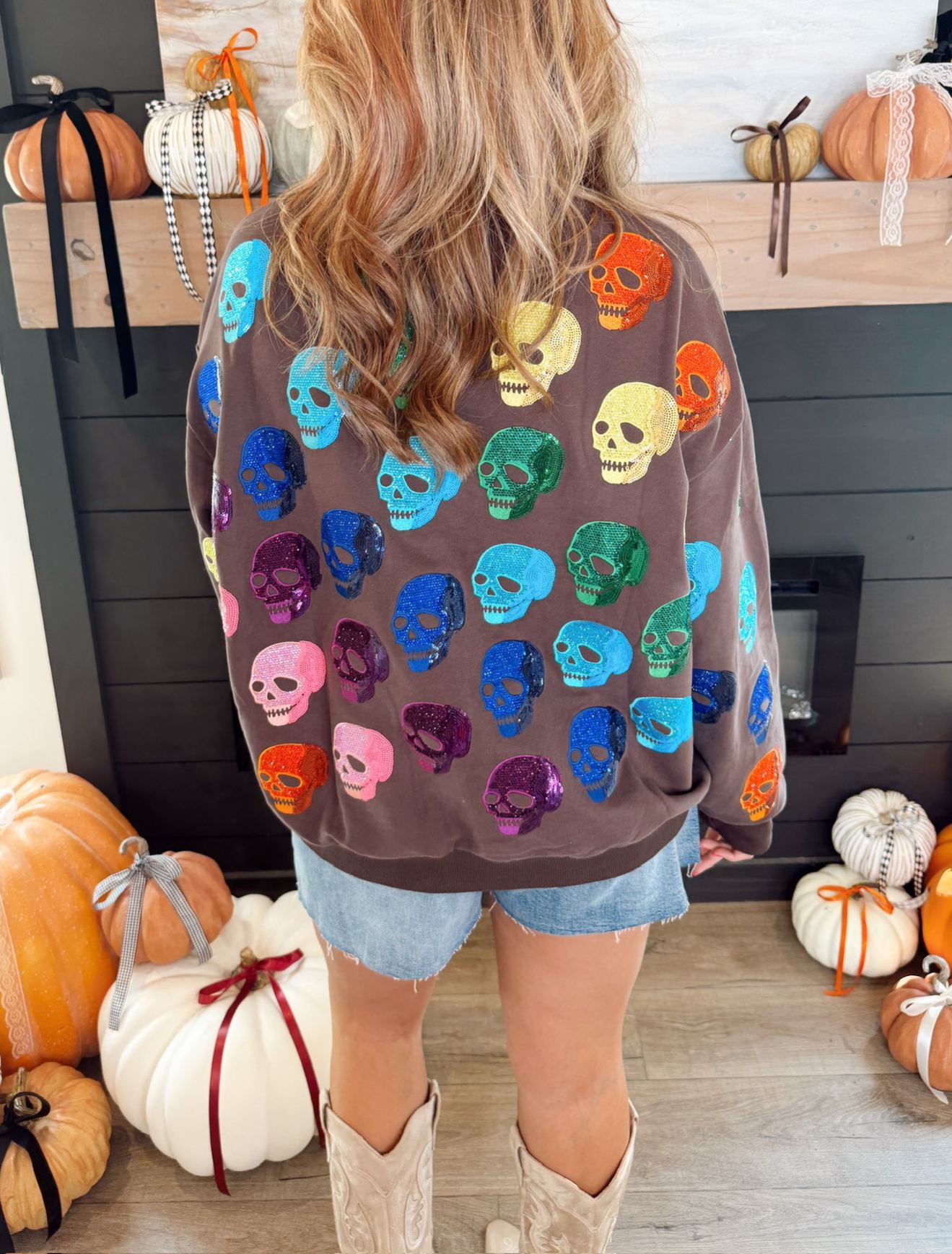 Queen Of Sparkles Brown Rainbow Skulls Sweatshirt