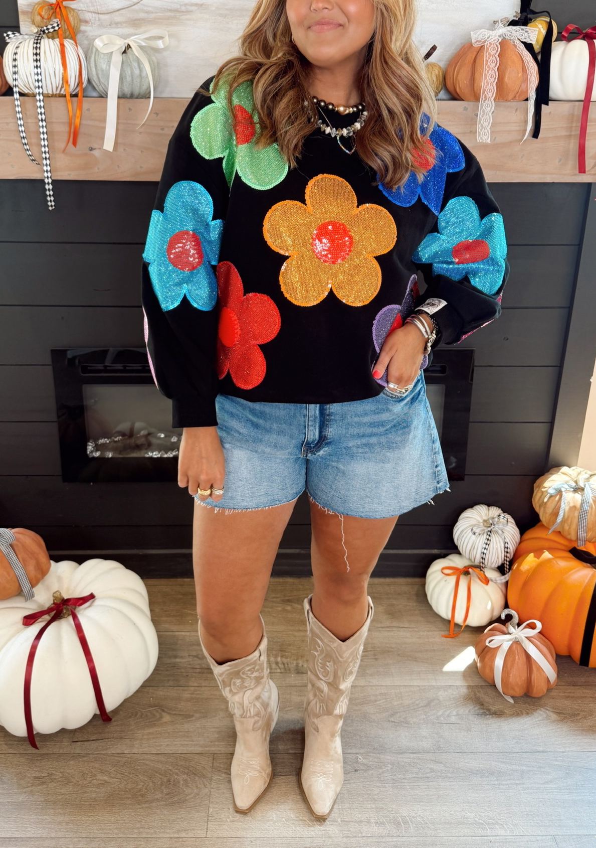 Queen of Sparkles Black Multi Oversized Rhinestone Flower Sweatshirt