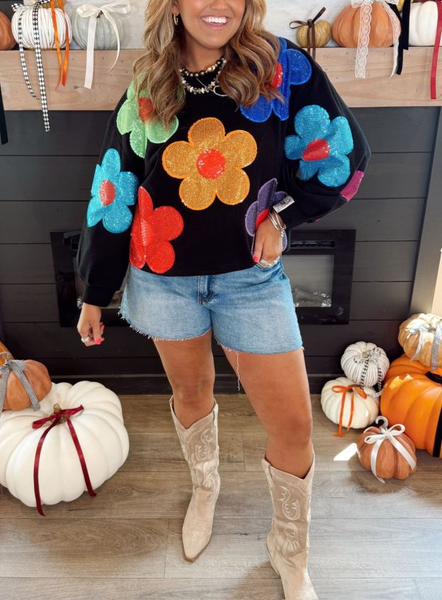 Queen of Sparkles Black Multi Oversized Rhinestone Flower Sweatshirt