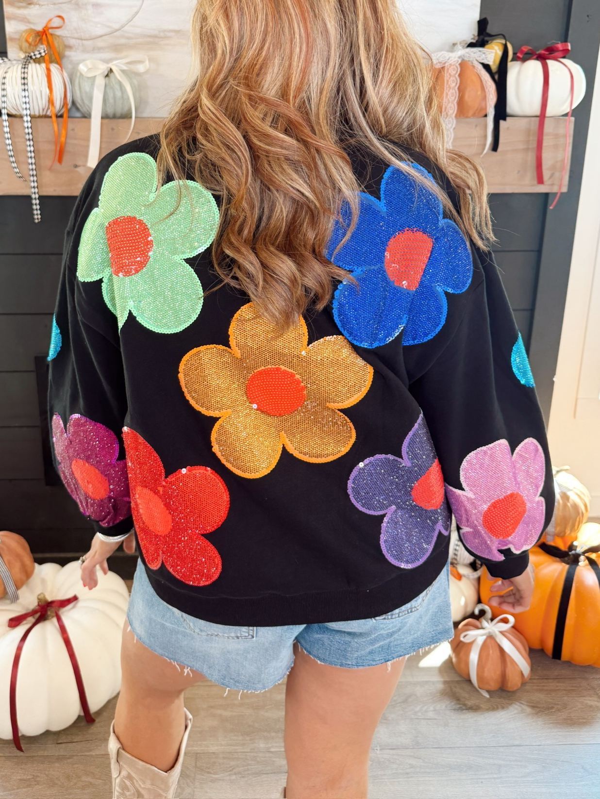 Queen of Sparkles Black Multi Oversized Rhinestone Flower Sweatshirt