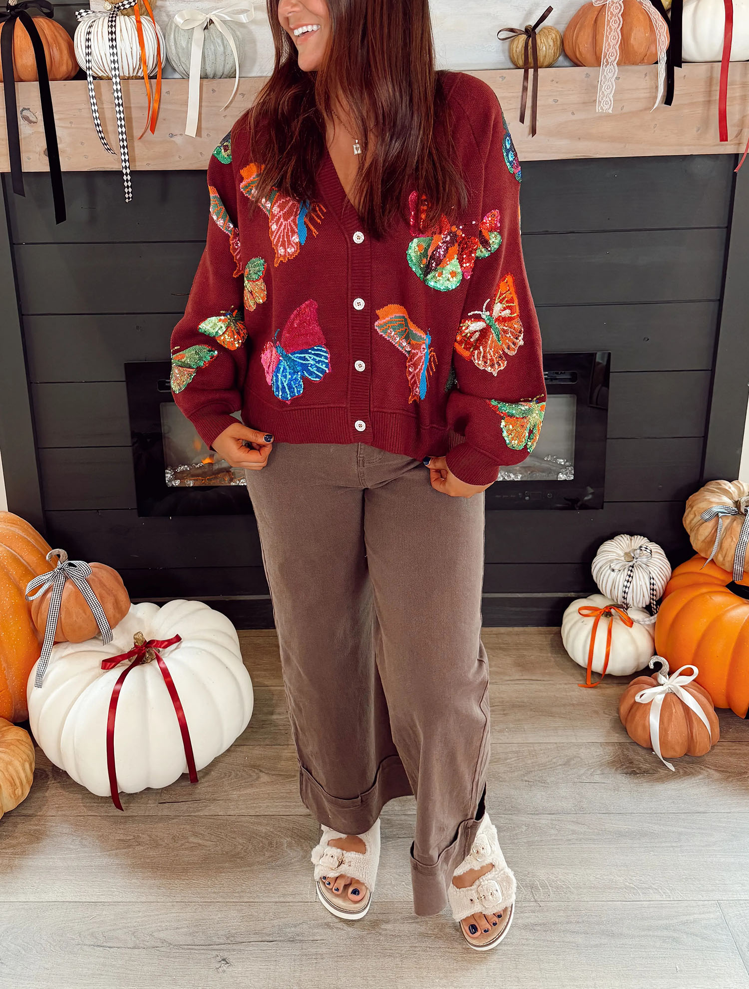 Queen Of Sparkles Maroon Multi Butterfly Button Up Knit Cardigan