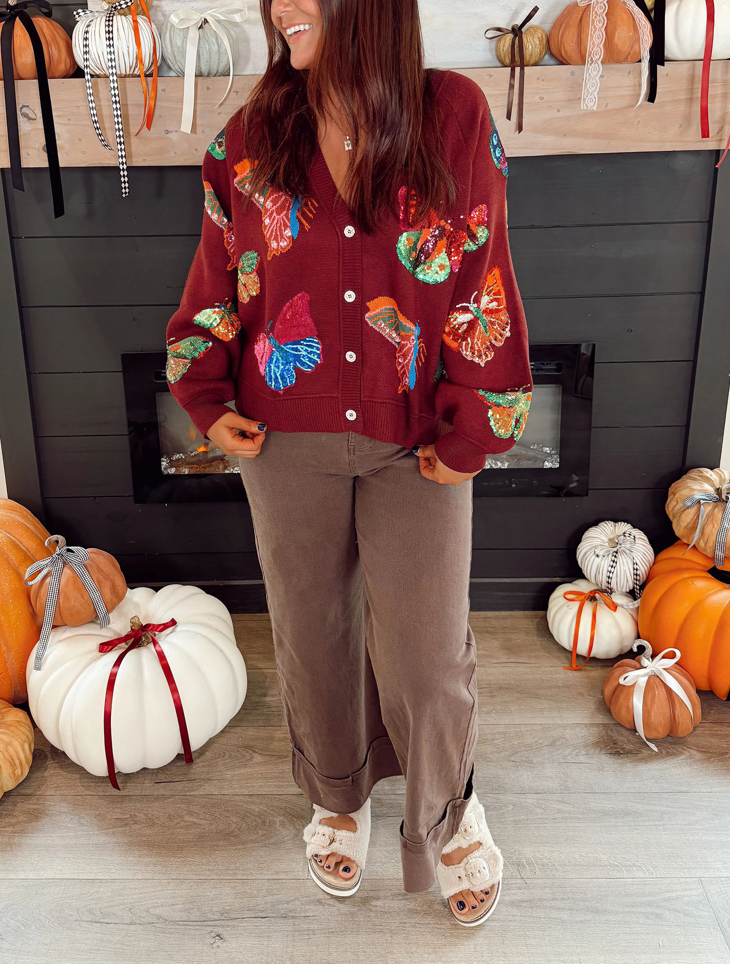 Queen Of Sparkles Maroon Multi Butterfly Button Up Knit Cardigan