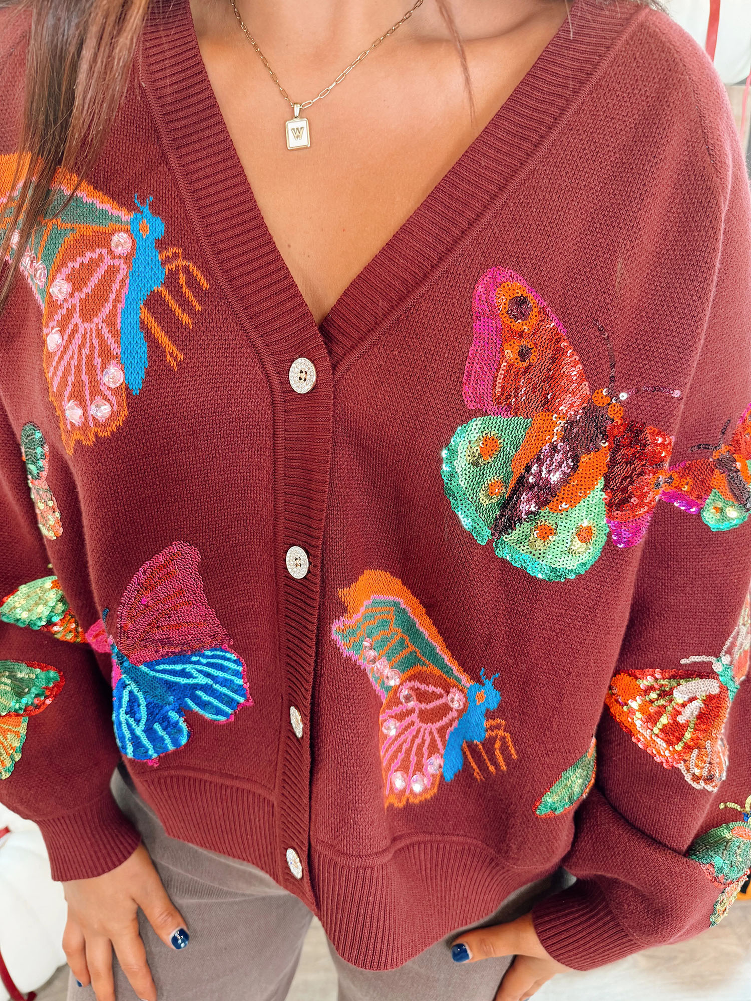 Queen Of Sparkles Maroon Multi Butterfly Button Up Knit Cardigan