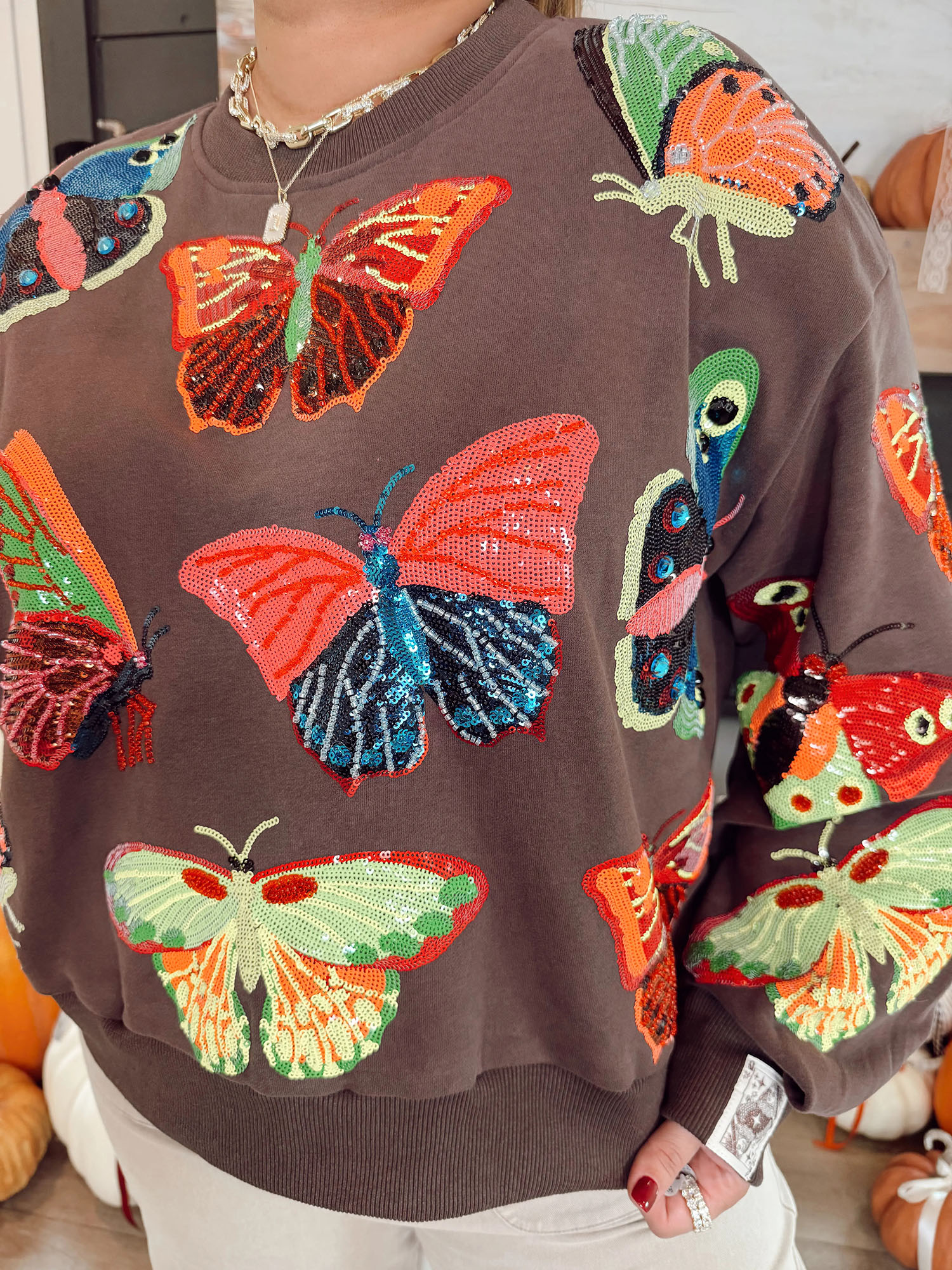 Queen Of Sparkles Brown & Neon Butterfly Sweatshirt