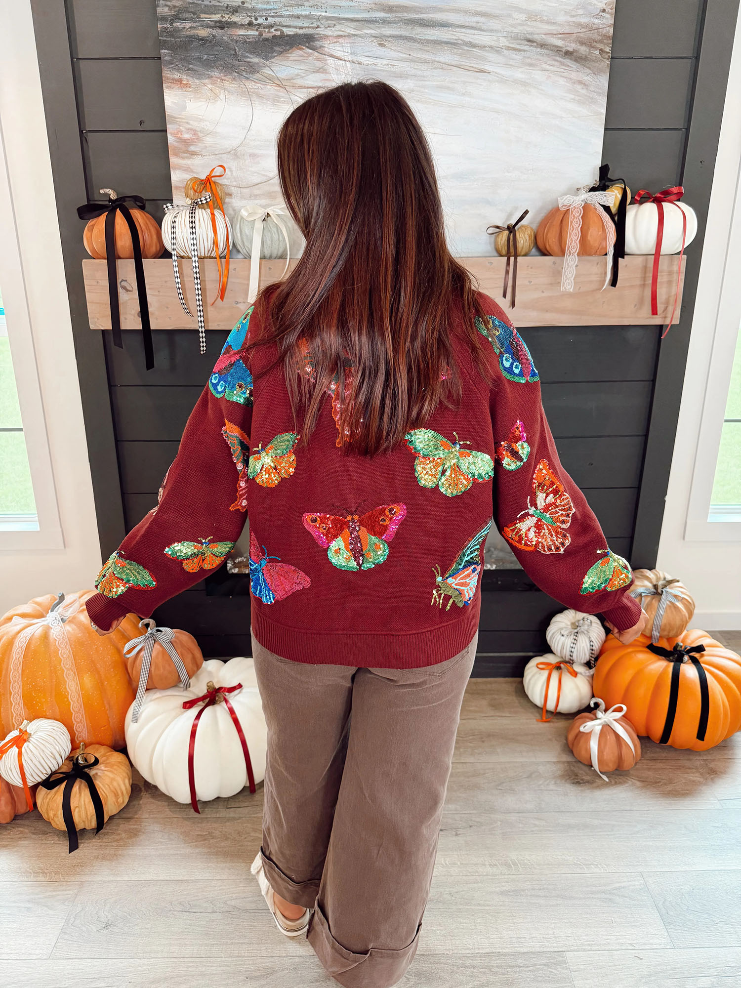 Queen Of Sparkles Maroon Multi Butterfly Button Up Knit Cardigan