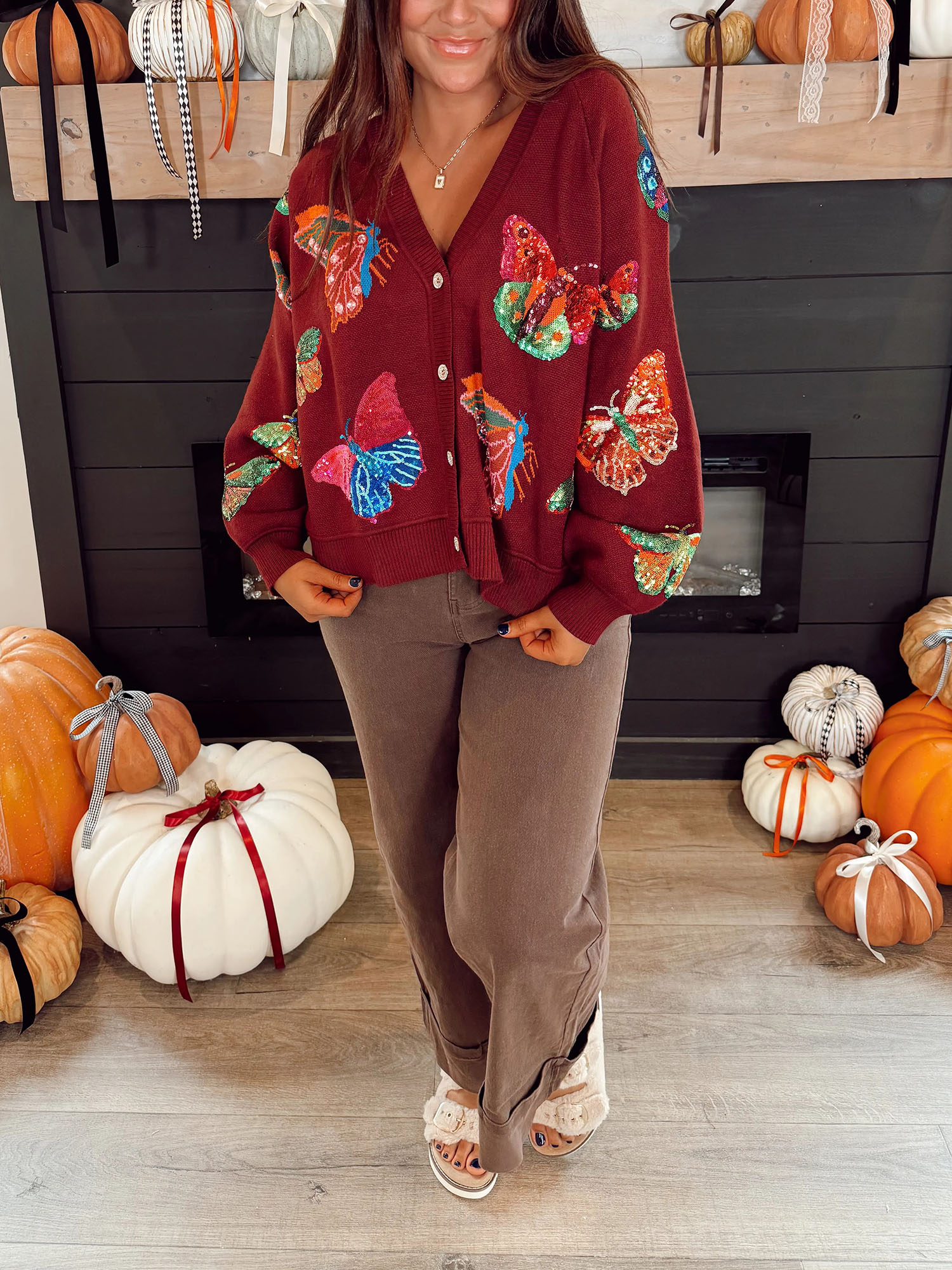 Queen Of Sparkles Maroon Multi Butterfly Button Up Knit Cardigan