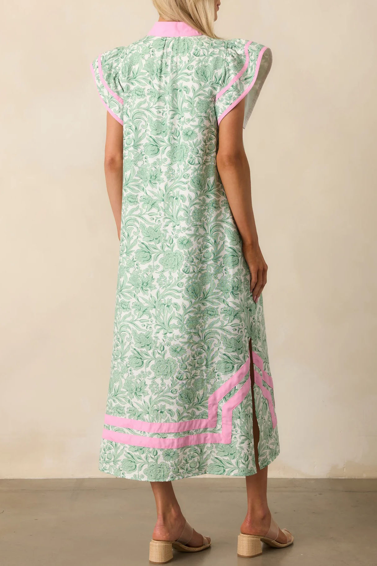 Green Pink Floral Contrast Collar Midi Dress