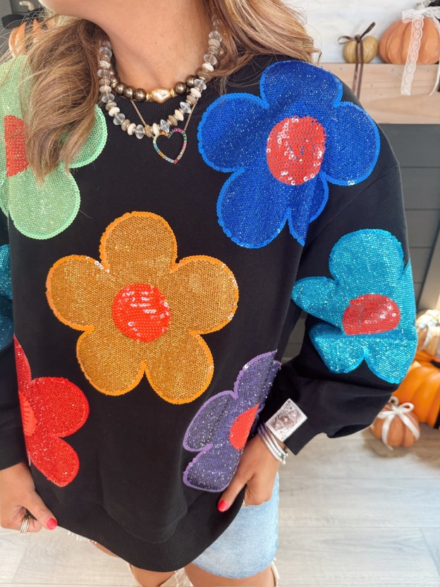 Queen of Sparkles Black Multi Oversized Rhinestone Flower Sweatshirt
