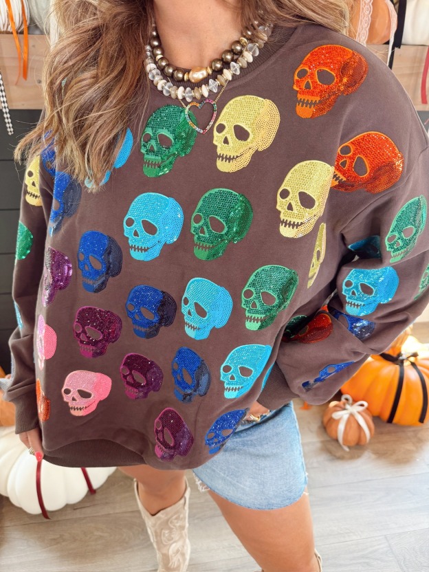 Queen Of Sparkles Brown Rainbow Skulls Sweatshirt