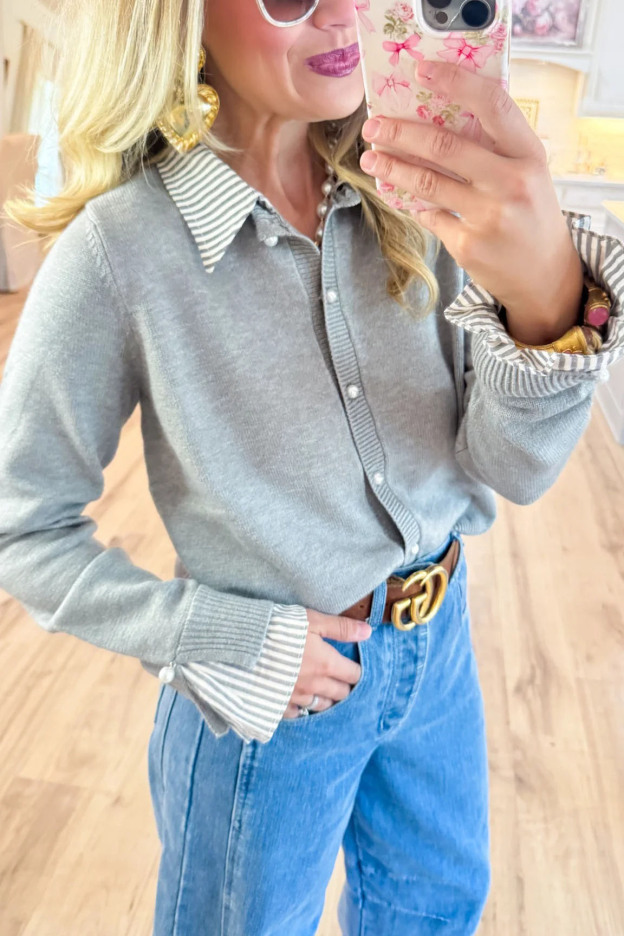 Grey Knit Contrast Collar Cardigan