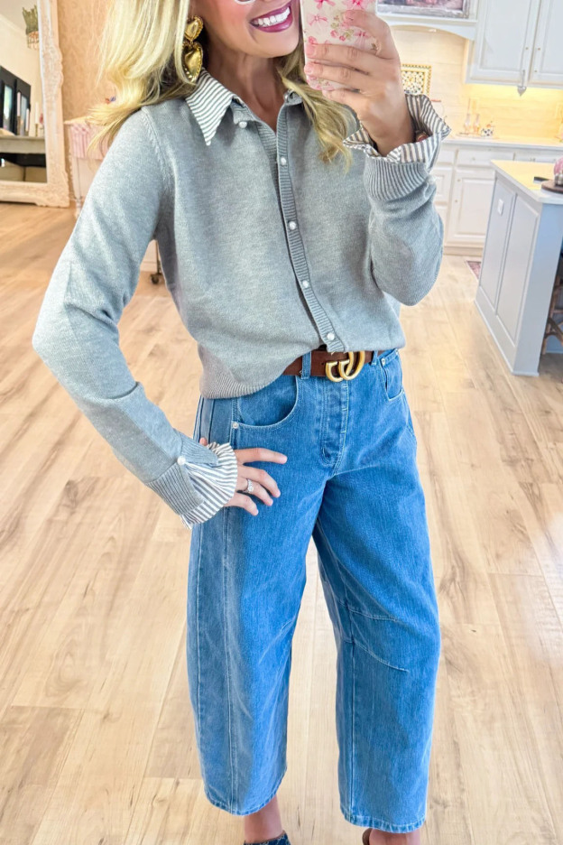 Grey Knit Contrast Collar Cardigan