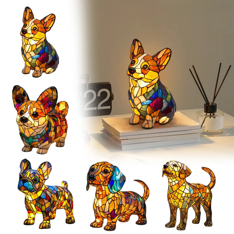 🐱🐶 LED table lamp with puppy statue in contrasting colors