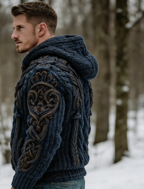 🧥 Férfi kötött cipzáras kapucnis mellény viking kelta csomómintával – meleg és stílusos