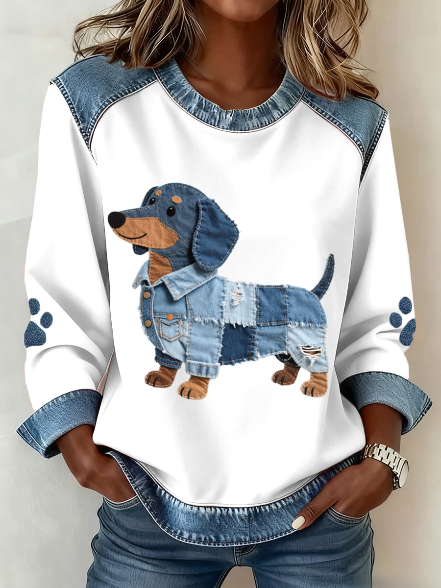 Női pulóver tacskó nyomattal 🐕 és farmer patchwork dizájnnal 👖✨