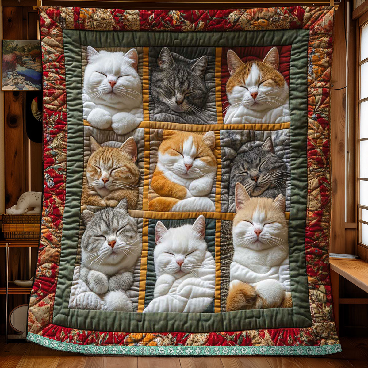 Blanket with 9 Sleeping Royal Cats Printed on It