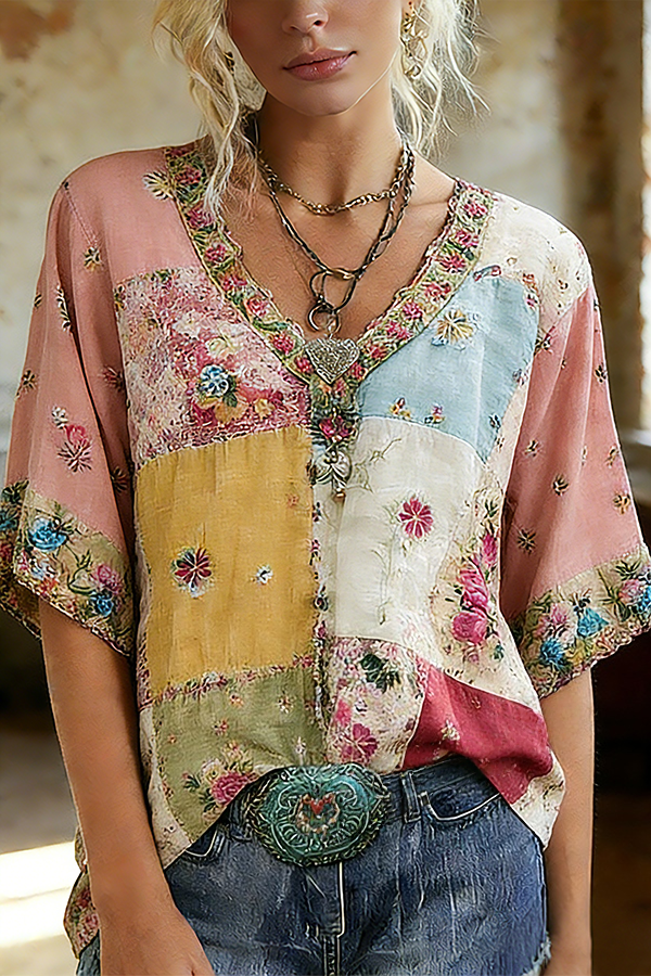 🔥Hot Sale 60% OFF!🔥- 💐Retro Floral Embroidered V-Neck Short Sleeve Top✨