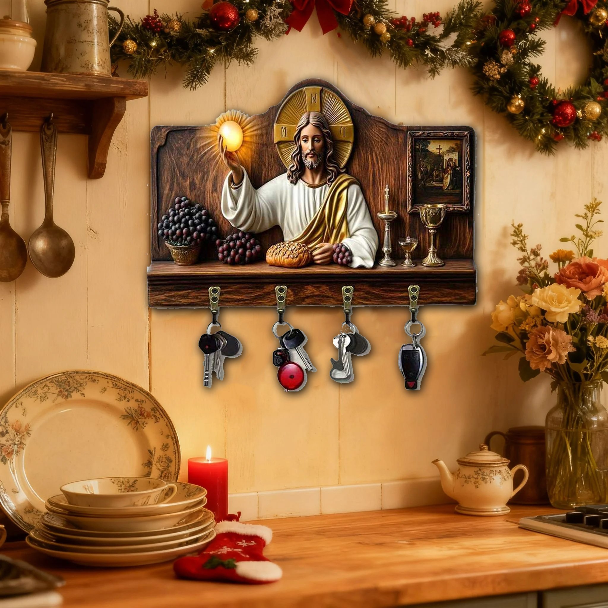 ⏰Black Friday-60% OFF - Buy 1 Get 1 Free✝️Communion themed wooden home key holder