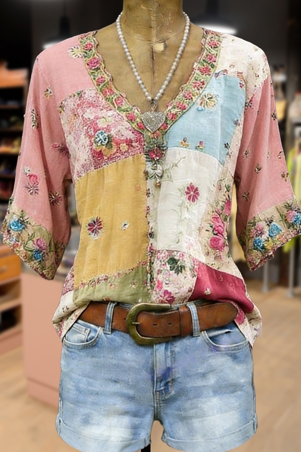 🔥Hot Sale 60% OFF!🔥- 💐Retro Floral Embroidered V-Neck Short Sleeve Top✨