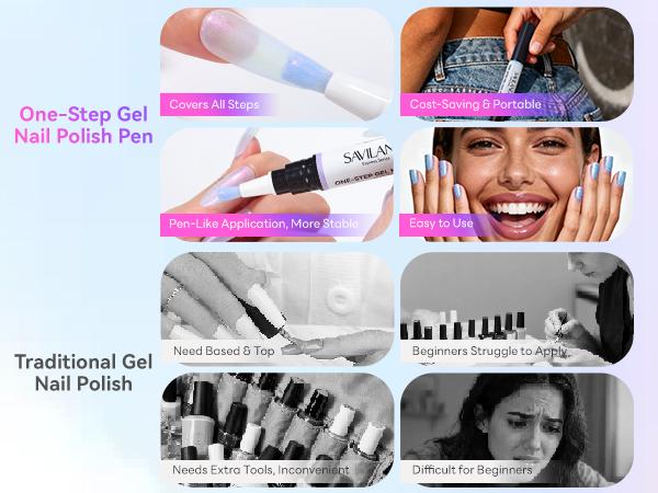 SAVILAND 5-in-1 Gel Nail Polish Pen, Aurora Effect Gel Nail Pen with Base Color Top Coat in One, Easy Apply UV/LED Curing Nail Polish Pen, Travel-Friendly No-Mess Manicure for DIY Nail Art