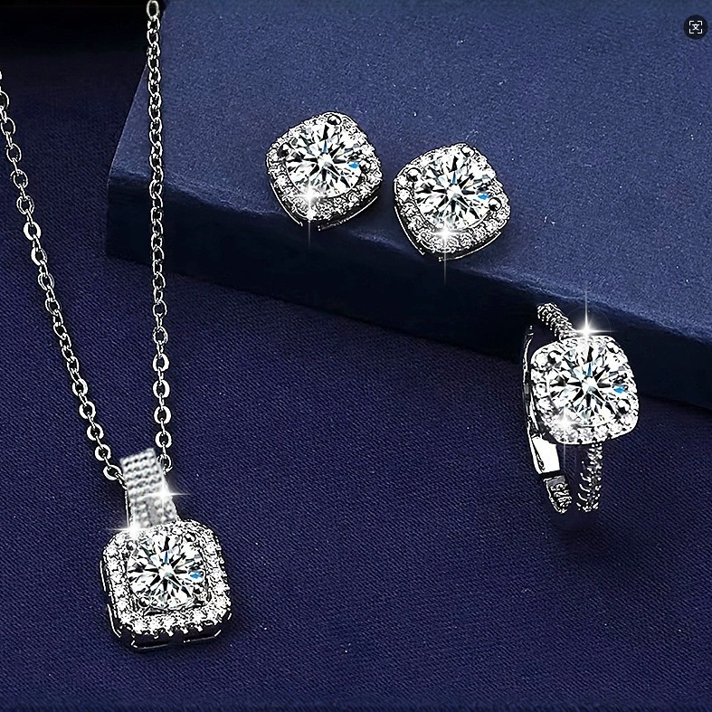Elegant Square Halo Moissanite Pendant Necklace Ring Earrings Set