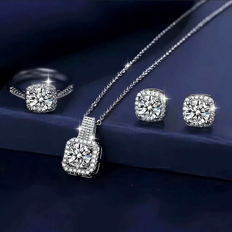 Elegant Square Halo Moissanite Pendant Necklace Ring Earrings Set