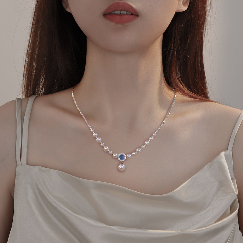 Sterling Silver Sapphire Pendant Japan Akoya Pearl Necklace