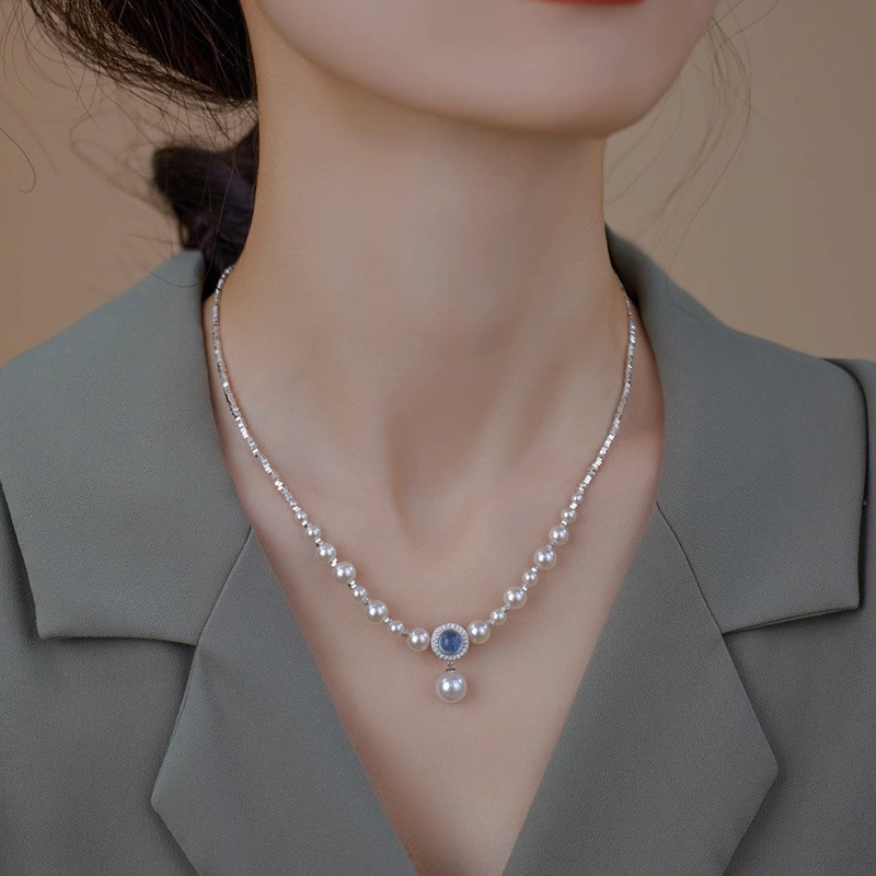 Sterling Silver Sapphire Pendant Japan Akoya Pearl Necklace