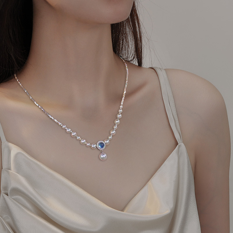 Sterling Silver Sapphire Pendant Japan Akoya Pearl Necklace