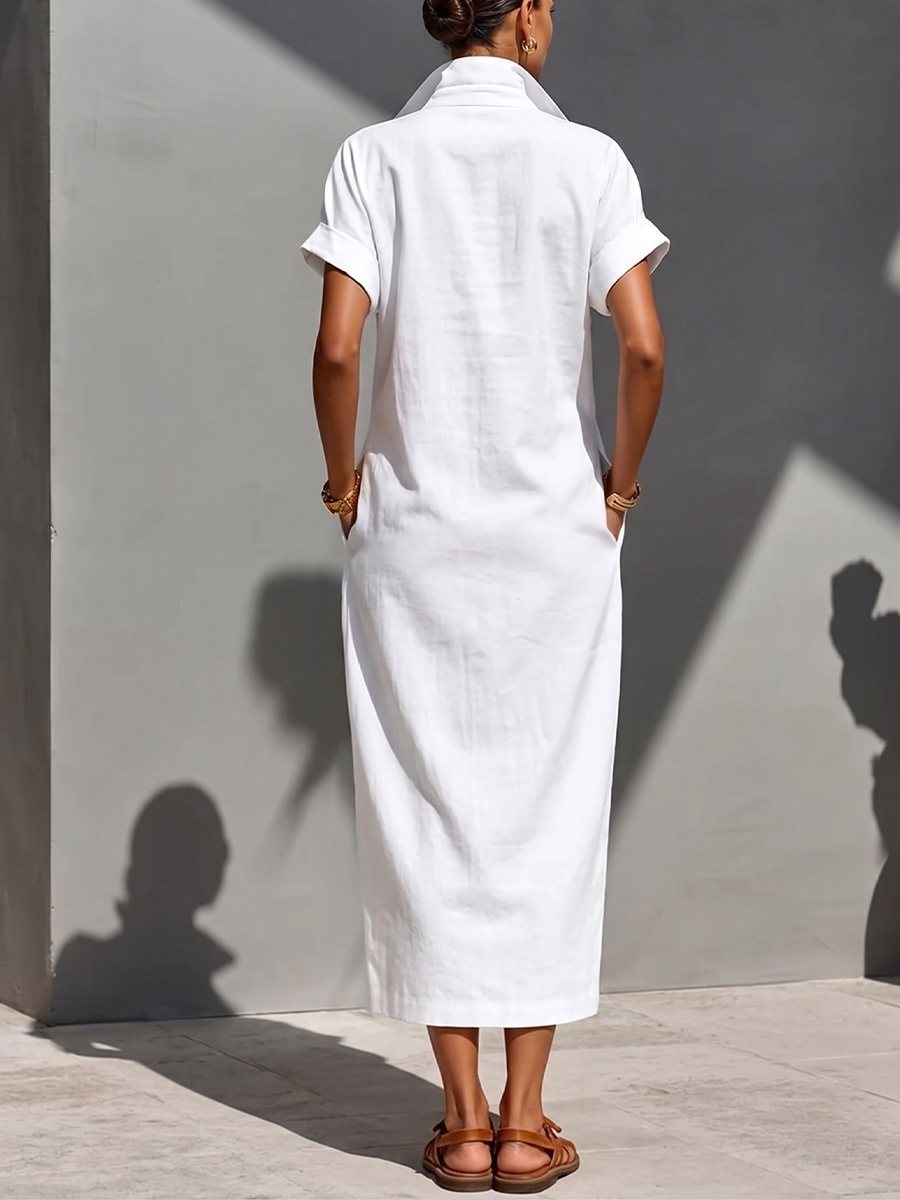 Women's Solid-color Lapel Short-sleeve Casual Loose Cotton-linen Dress