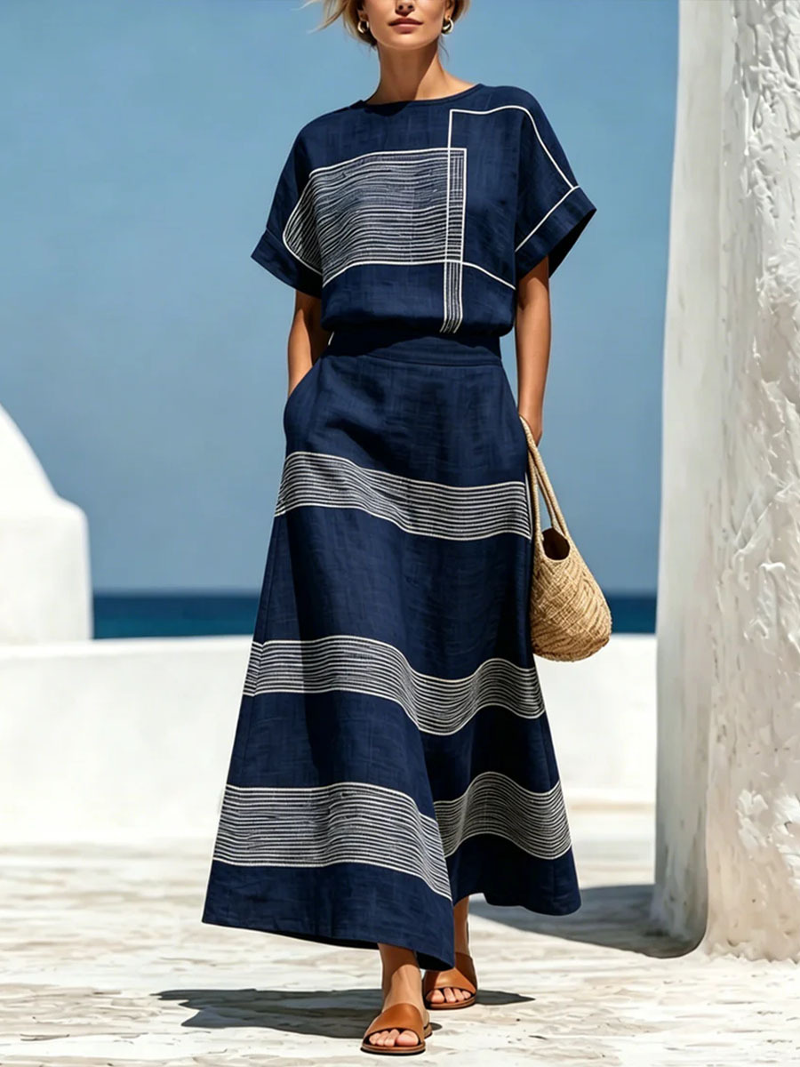 Women's Geometric Print Crew Neck Short-Sleeve Cotton-Linen Top & High-Waisted Loose-Fit A-Line Skirt Set