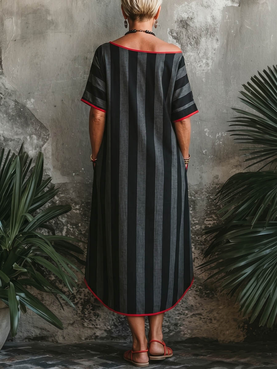 Women's Striped Print Round-neck Short-sleeve Casual Loose Cotton-linen Dress
