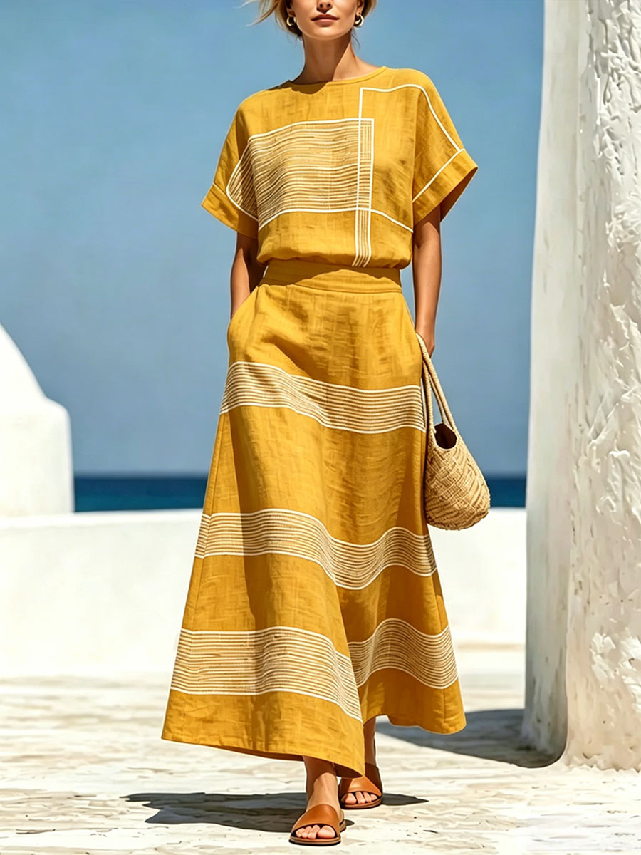 Women's Geometric Print Crew Neck Short-Sleeve Cotton-Linen Top & High-Waisted Loose-Fit A-Line Skirt Set