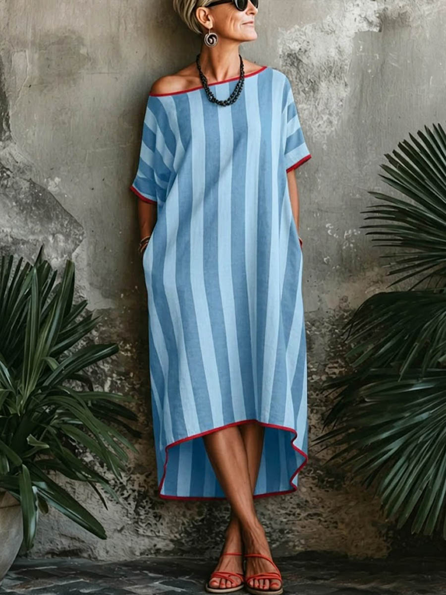 Women's Striped Print Round-neck Short-sleeve Casual Loose Cotton-linen Dress