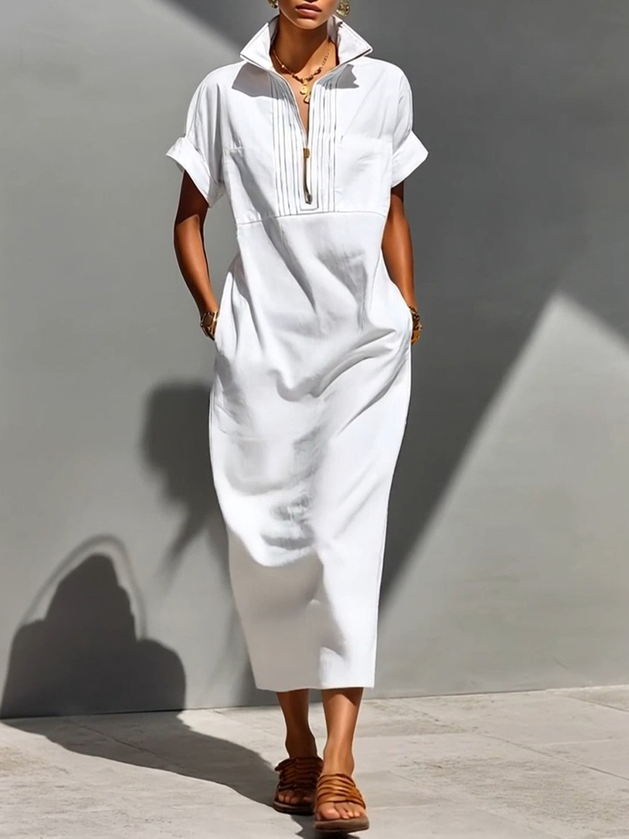 Women's Solid-color Lapel Short-sleeve Casual Loose Cotton-linen Dress