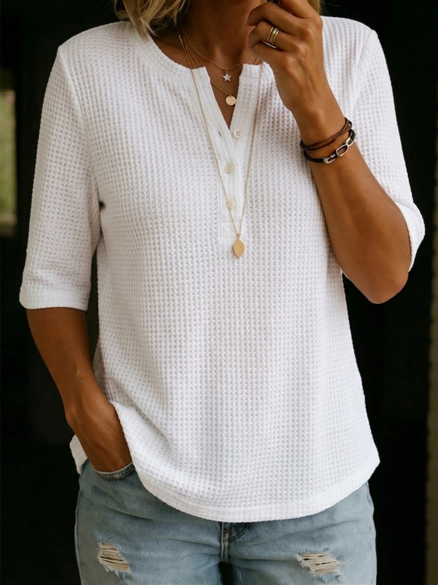 Women’s Waffle Knit Henley Half Sleeve Top